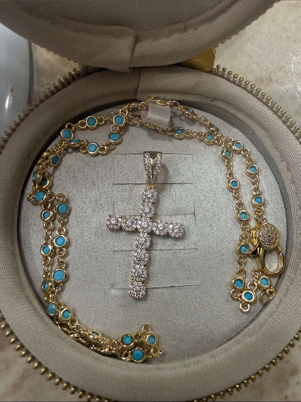 Gold Turquoise Station Necklace with Crystal Cross Pendant